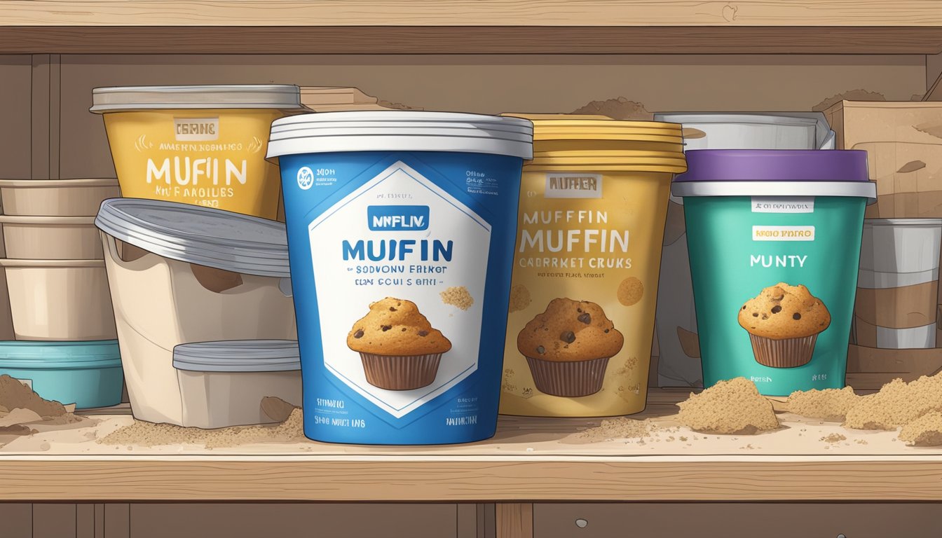 A half-opened box of muffin mix sits on a cluttered pantry shelf, its expiration date long past. A few loose crumbs scatter around the box