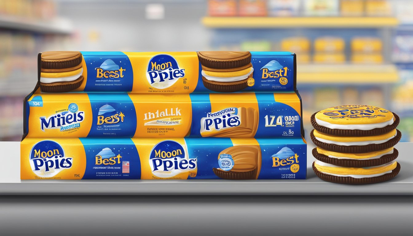 A stack of Moon Pies in various flavors sits on a shelf, with a "best by" date clearly displayed on the packaging