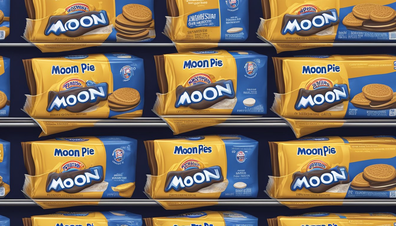 A stack of Moon Pies sitting on a shelf, with expiration dates visible on the packaging