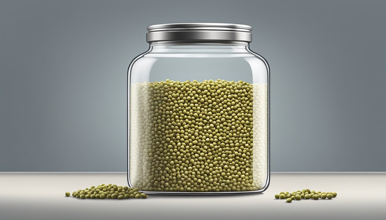 A clear glass jar with a tight-fitting lid filled with dried mung beans sitting on a kitchen shelf