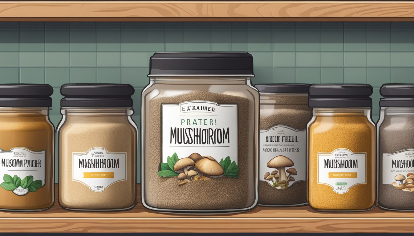 A jar of mushroom powder sits on a kitchen shelf, next to a row of neatly organized spices. The label on the jar indicates the expiration date