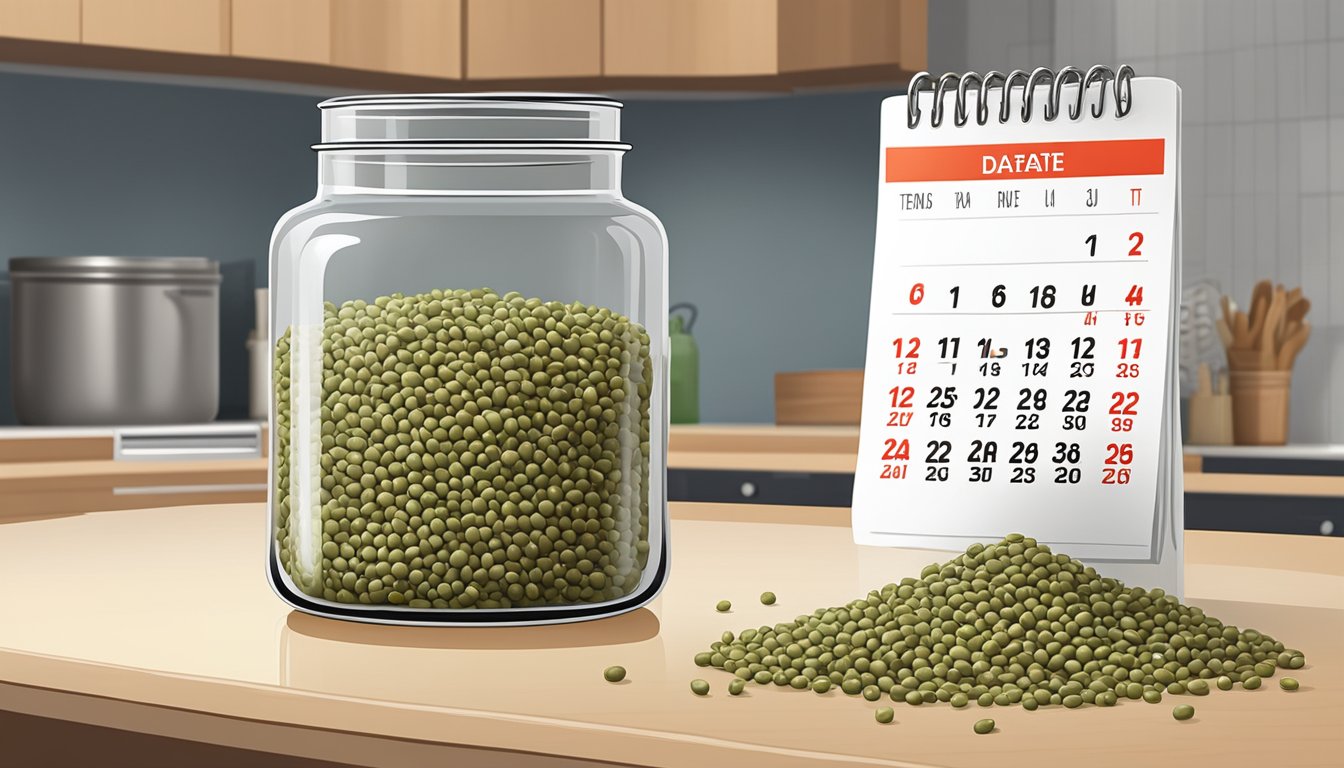 A clear glass jar filled with dried mung beans sits on a kitchen counter next to a calendar, with a date circled in red