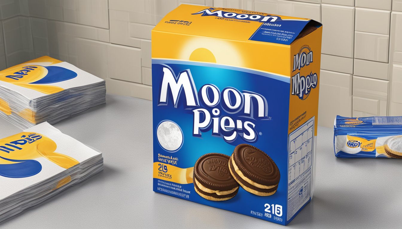 A package of Moon Pies sits on a kitchen counter with a clear expiration date visible. A calendar on the wall shows the current date