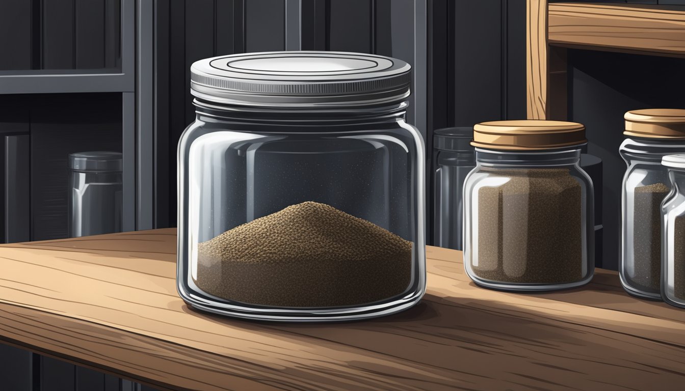 A glass jar filled with mushroom powder sits on a shelf in a cool, dark pantry, sealed tightly with a metal lid