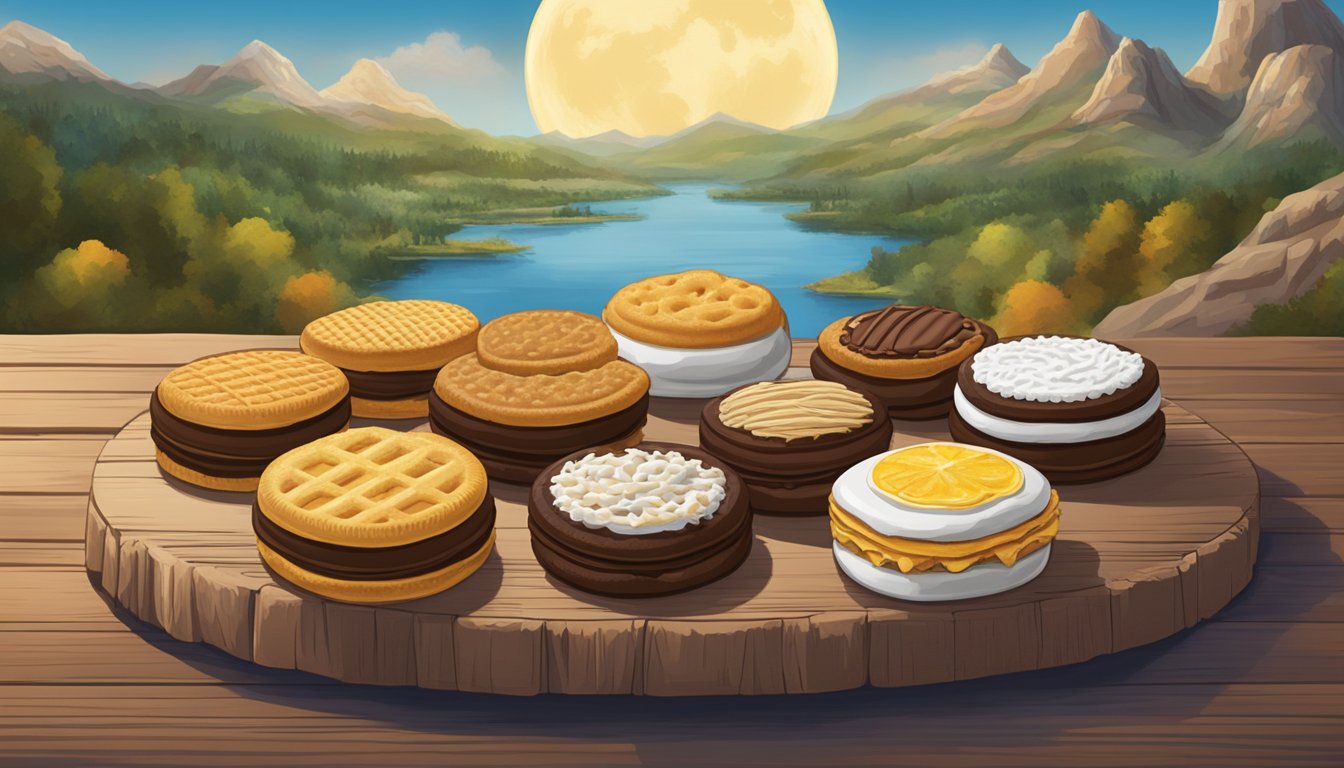 A display of regional snacks, including Moon Pies, sits on a rustic wooden table with a backdrop of different landscapes representing various regions