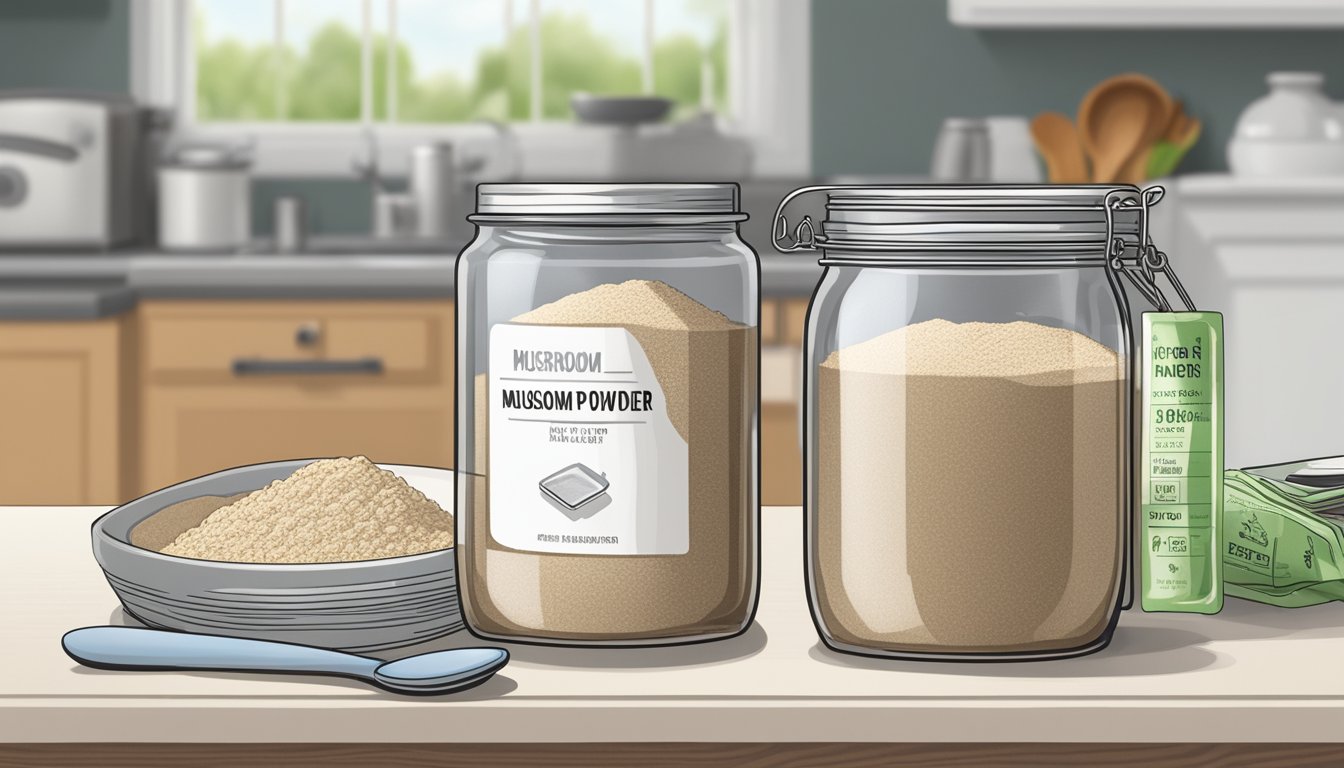 A jar of mushroom powder sits on a kitchen counter, next to a measuring spoon and a recipe book. The jar is half empty, with a label indicating the expiration date