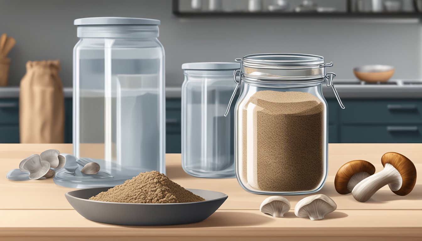 A glass jar of mushroom powder sits on a kitchen counter, next to a bag of dried mushrooms and a bowl of water