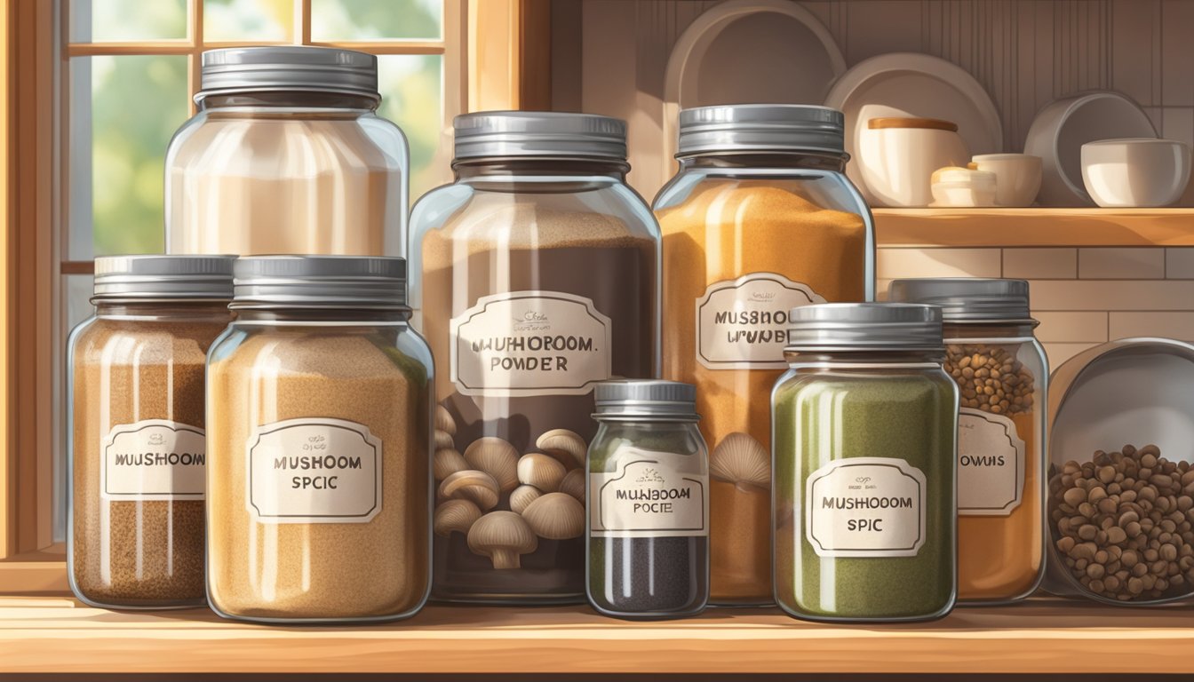 A jar of mushroom powder sits on a kitchen shelf, next to a row of neatly labeled spice jars. Sunlight streams in through a nearby window, casting a warm glow over the scene