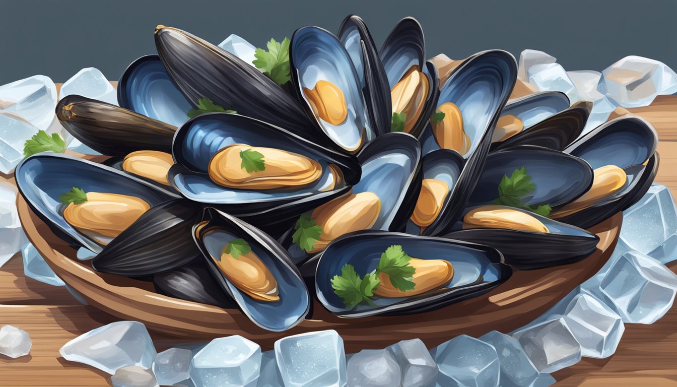 A pile of mussels arranged on ice with a digital timer next to them