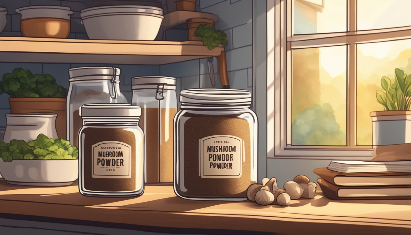 A jar of mushroom powder sits on a kitchen shelf next to a stack of recipe books. Sunlight streams through the window, casting a warm glow on the label