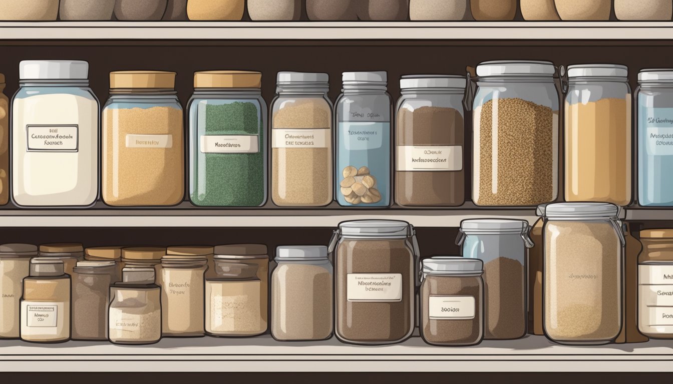 A glass jar of mushroom powder sits on a shelf in a pantry, surrounded by other dried goods. The jar is labeled with the expiration date