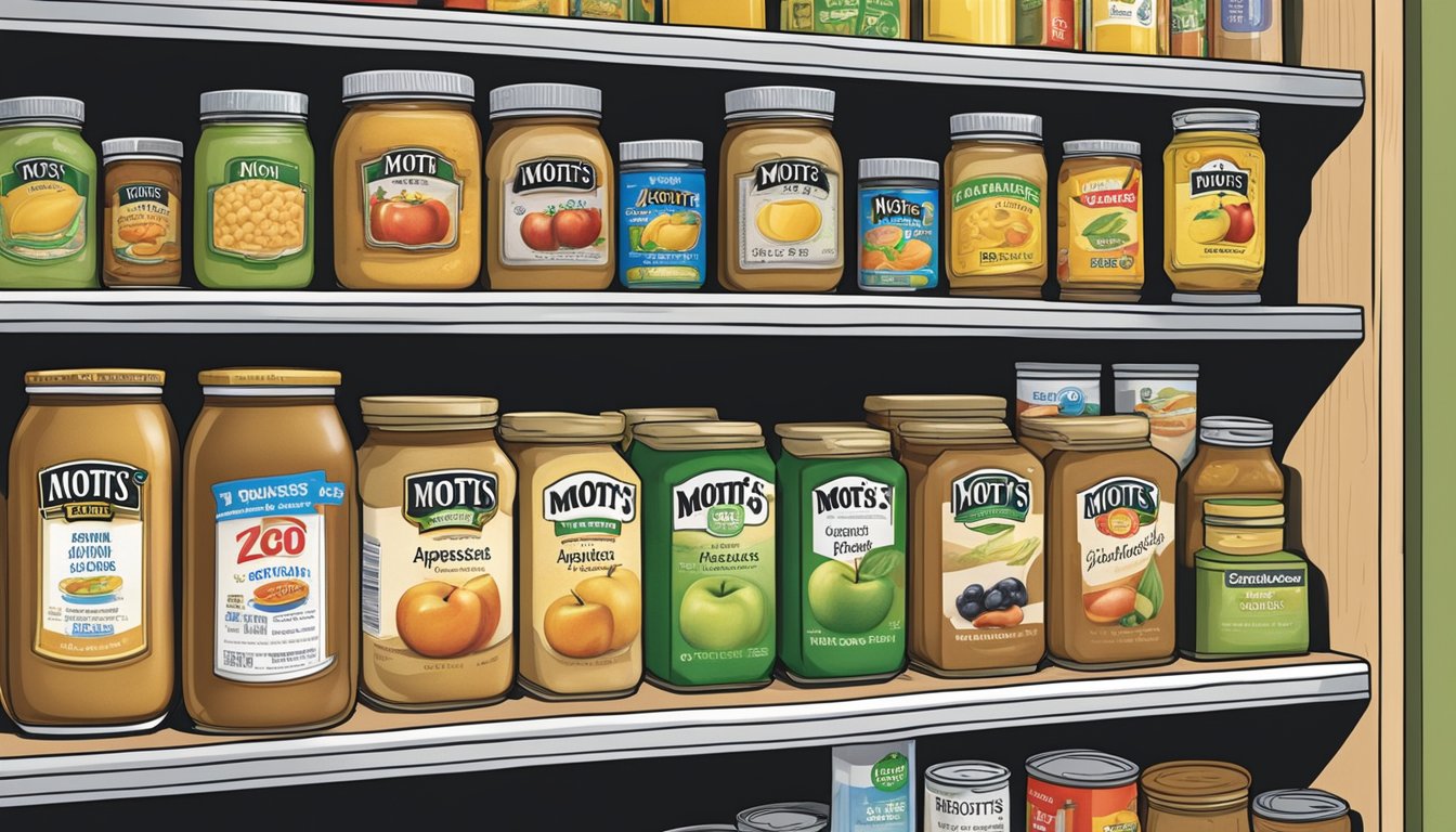 A pantry shelf with a jar of Mott's Applesauce next to other canned goods and a label indicating the expiration date