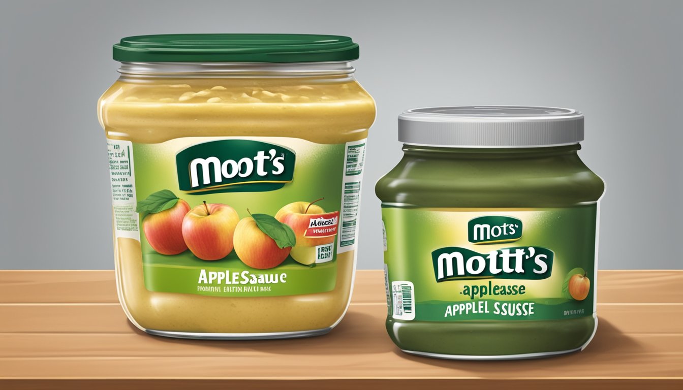 A jar of Mott's Applesauce sits on a shelf, its lid slightly bulging. Mold spots cover the surface, and a foul odor emanates from the jar