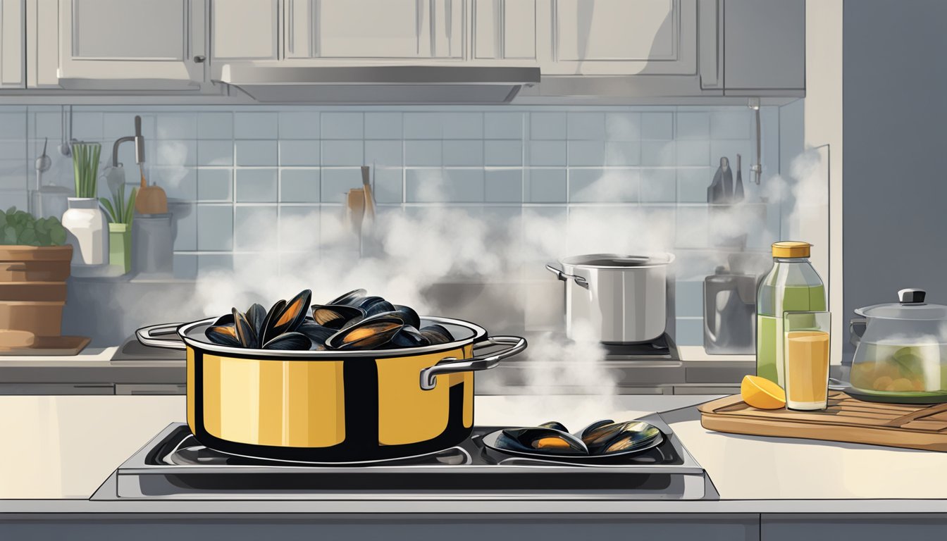 A pot of mussels sitting on a stove, steam rising as they are being reheated. A container of leftover mussels sits nearby