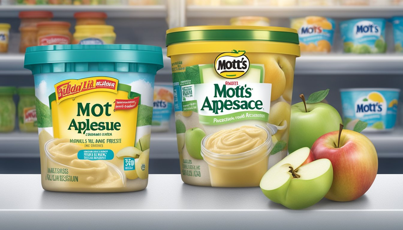 A jar of Mott's Applesauce sits in a freezer next to other frozen foods, with frost forming on the label