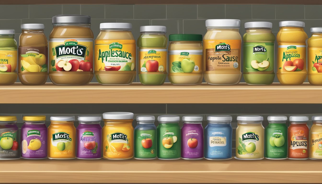 A jar of Mott's Applesauce sits on a shelf with a "best by" date clearly displayed. The background includes a kitchen setting with various cooking utensils and ingredients