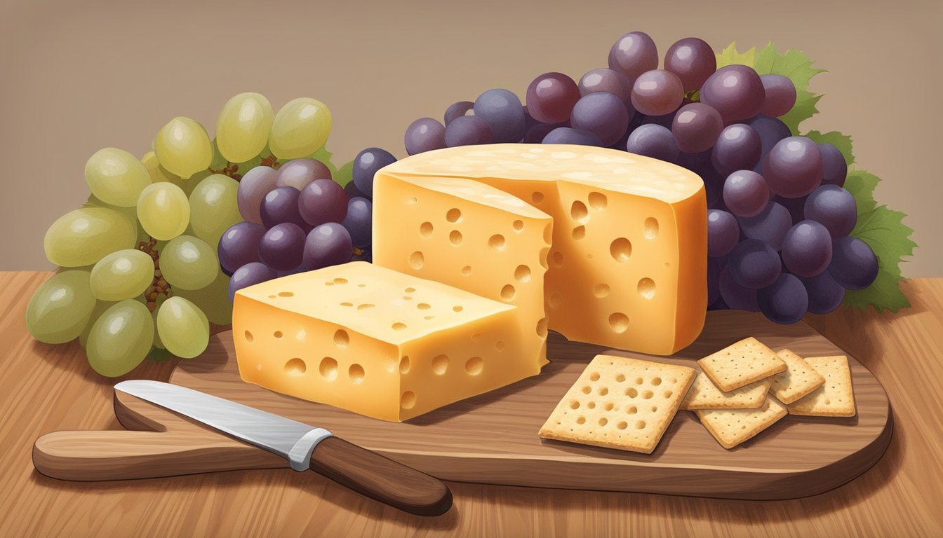 A wheel of Muenster cheese sits on a wooden cutting board, surrounded by grapes and crackers. The creamy, orange-hued cheese is speckled with small holes and has a smooth, glossy rind