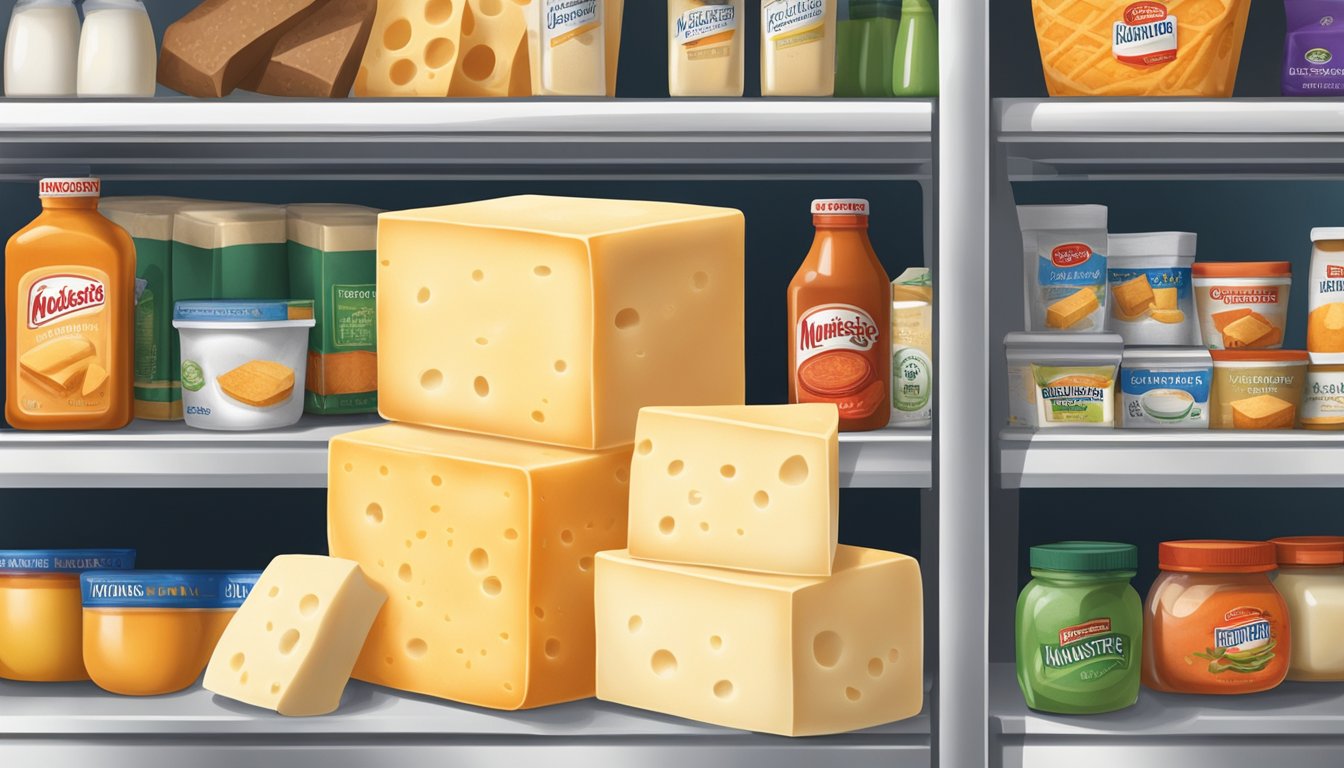 A block of Muenster cheese sits on a shelf in a refrigerator, surrounded by other dairy products and condiments