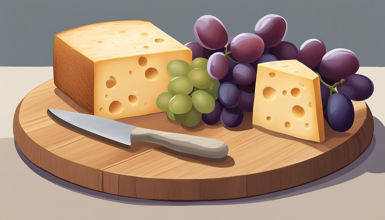 A block of Muenster cheese sits on a wooden cutting board, surrounded by a cheese knife, a wedge of bread, and a few grapes