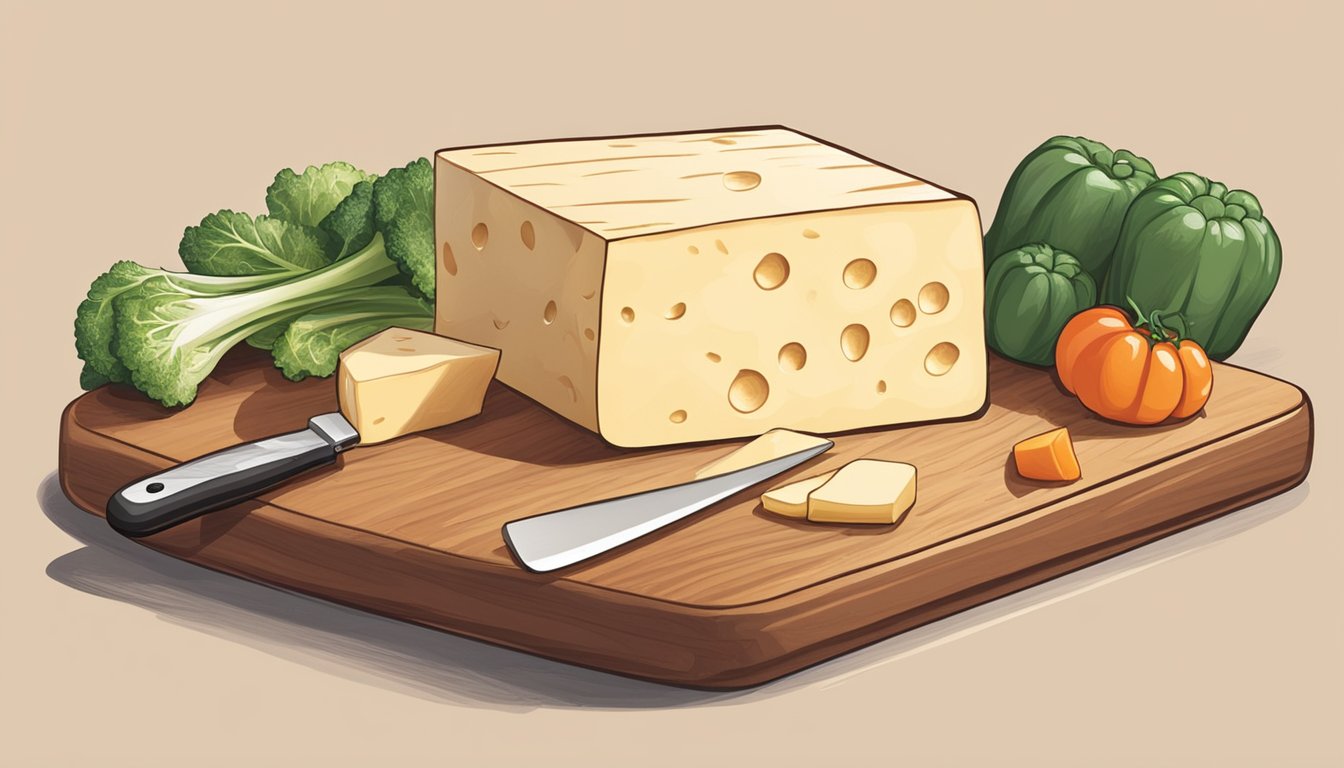 A block of Muenster cheese sits on a wooden cutting board next to a knife and a bowl of sliced vegetables