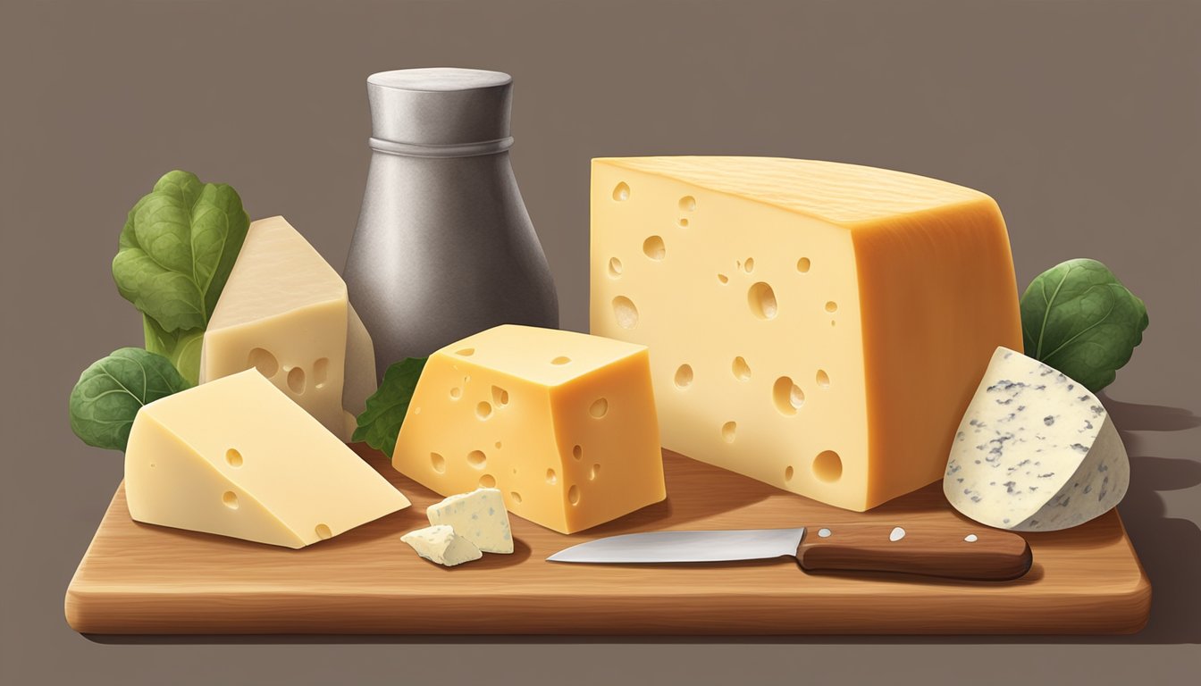 A block of Muenster cheese sits on a wooden cutting board, surrounded by other types of cheese. The cheese is partially unwrapped and shows signs of aging