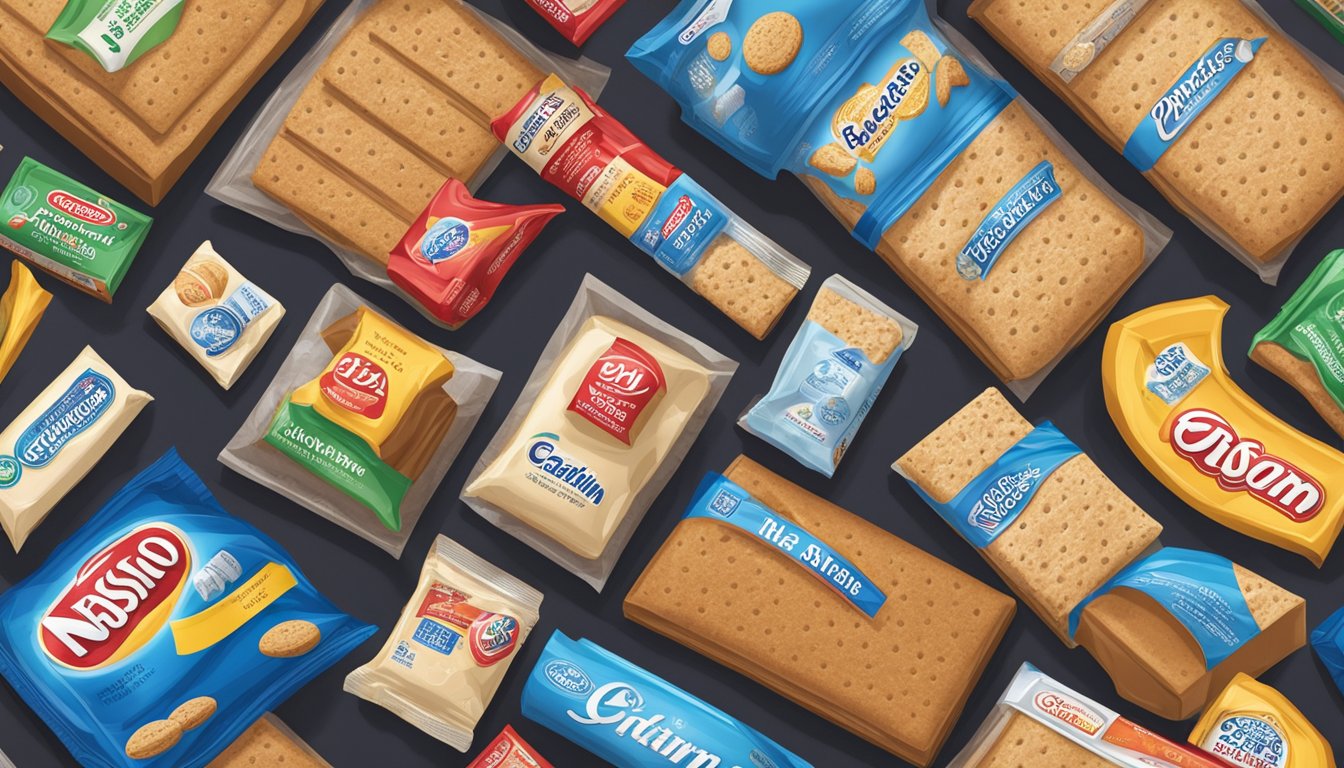 A pantry shelf with a box of Nabisco Graham Crackers sealed in a plastic wrapper, surrounded by other dry goods and baking supplies