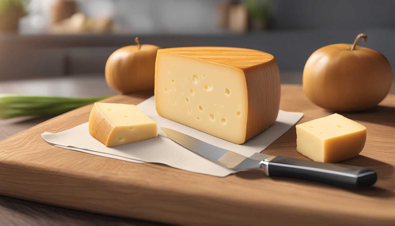 A block of Muenster cheese sits on a wooden cutting board, next to a calendar showing the current date. A faint aroma of cheese lingers in the air