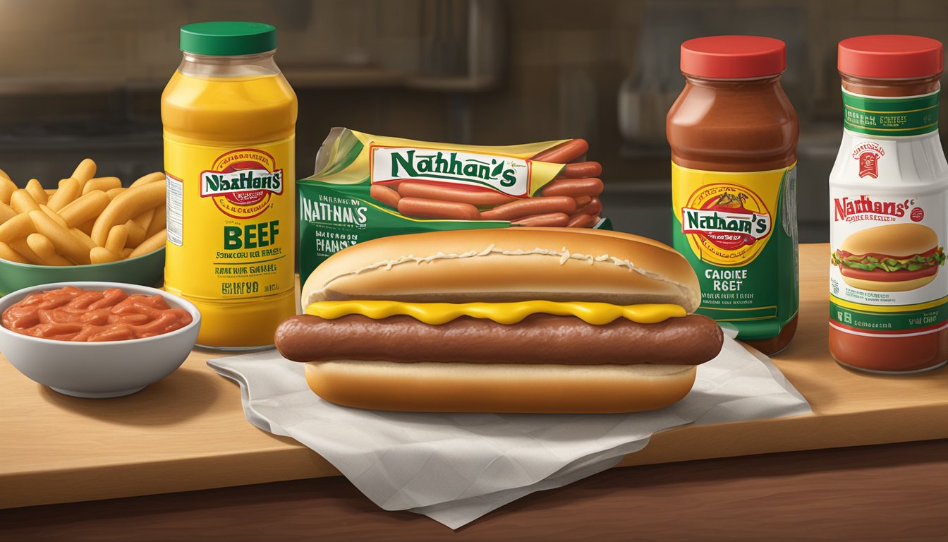 A package of Nathan's Famous Skinless Beef Franks sits on a kitchen counter, surrounded by condiments and a hot dog bun