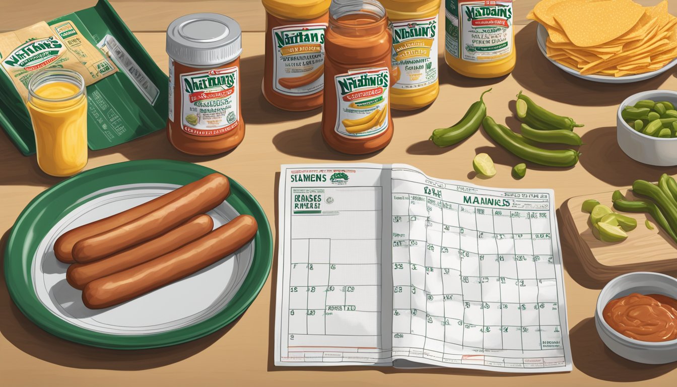 A pack of Nathan's Famous Skinless Beef Franks sits unopened on a kitchen counter, surrounded by condiments and a calendar indicating the current date