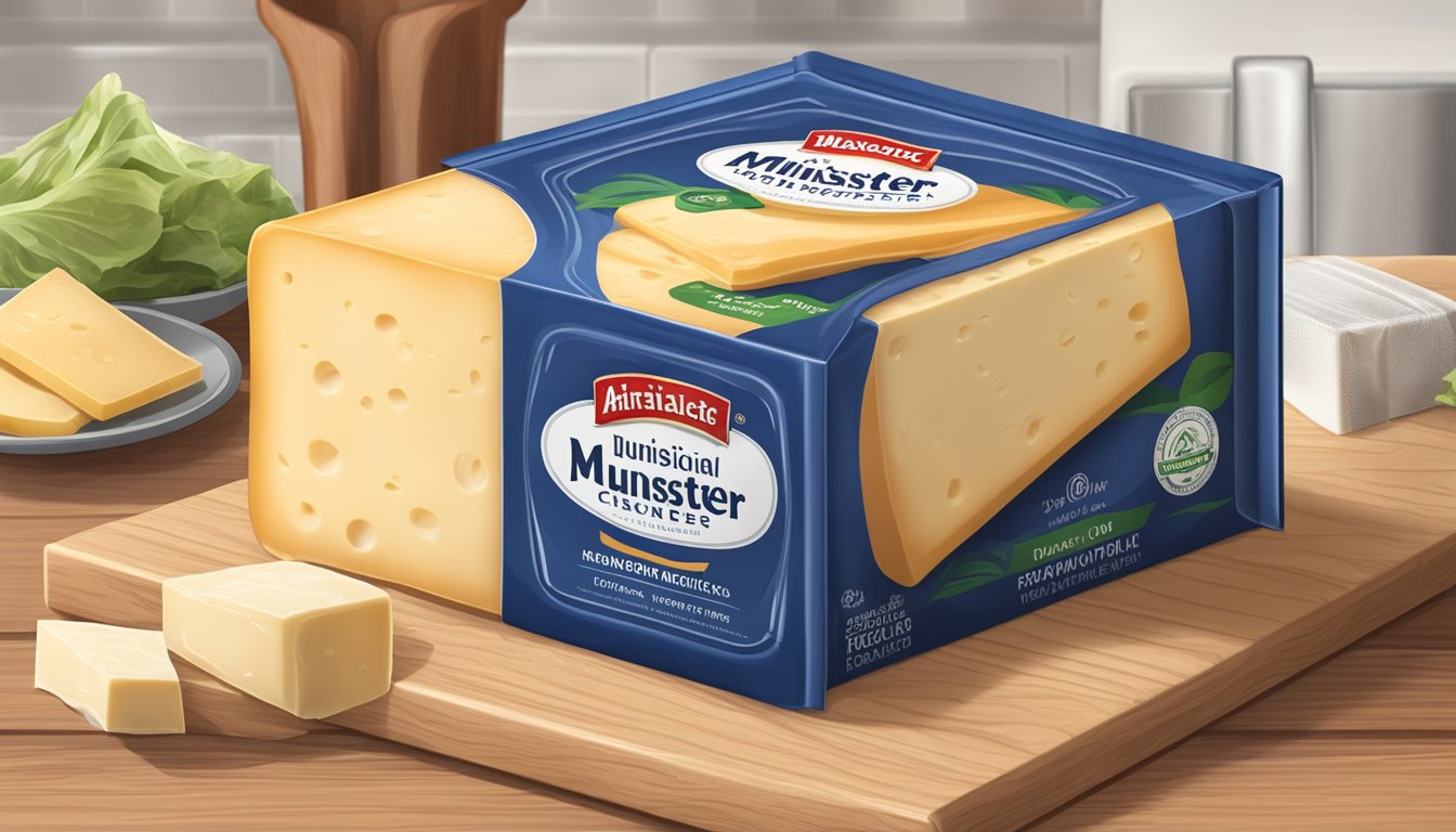 A block of Muenster cheese sits on a wooden cutting board, surrounded by airtight packaging and preservation materials like plastic wrap and a resealable container