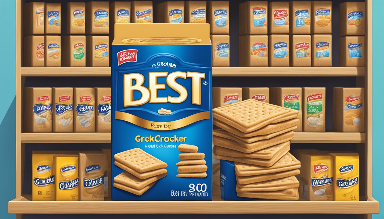 A sealed box of Nabisco Graham Crackers with a "best by" date visible on the packaging, surrounded by a clean and organized pantry shelf