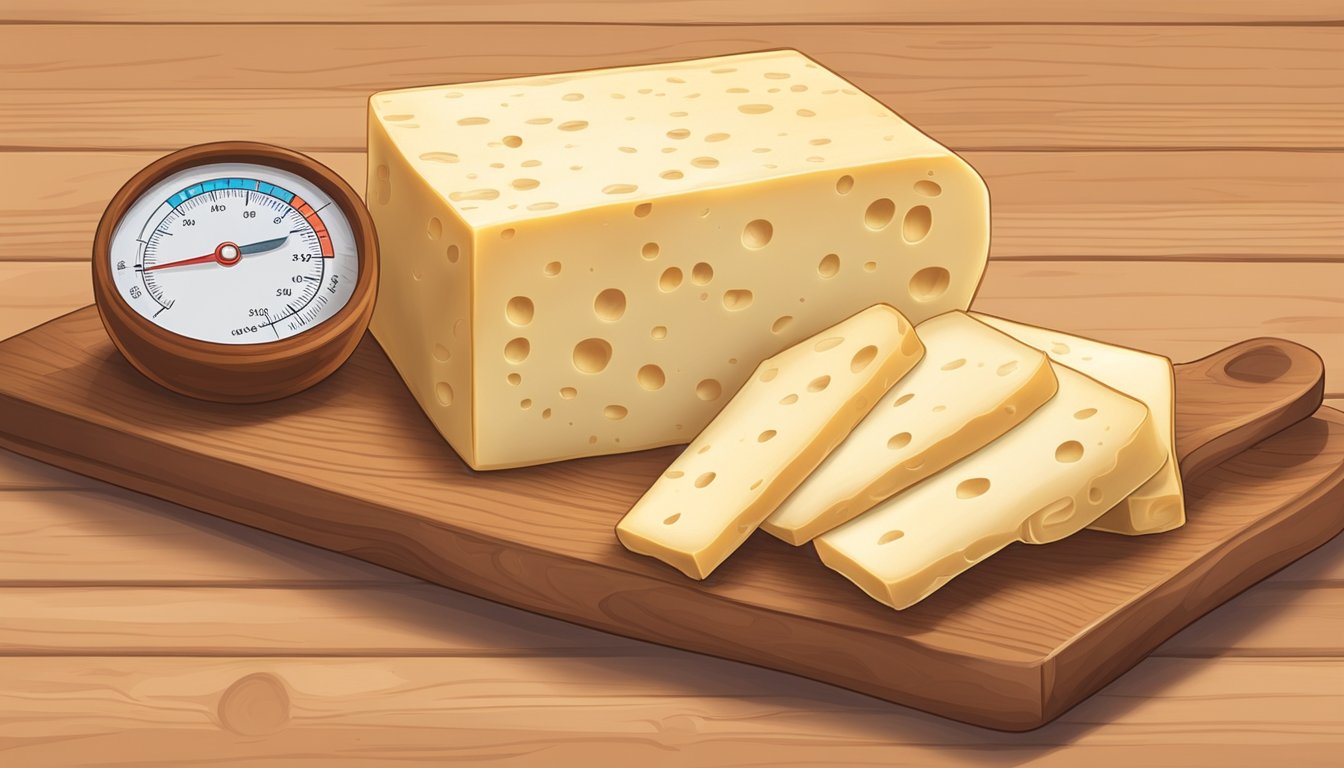 A block of Muenster cheese sits on a wooden cutting board, with a thermometer nearby displaying various temperatures