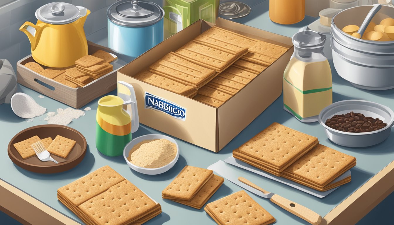 A box of Nabisco Graham Crackers sits unopened on a kitchen shelf, surrounded by ingredients and kitchen utensils, suggesting potential culinary uses and creativity