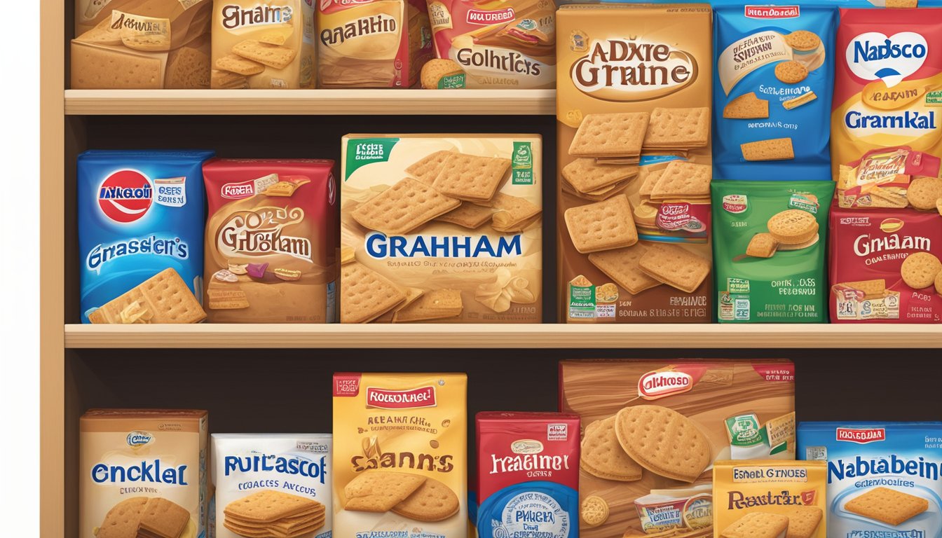 A box of Nabisco Graham Crackers sits on a pantry shelf, surrounded by other food items. The expiration date is clearly visible on the packaging