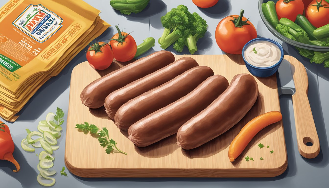 A pack of Nathan's Famous Skinless Beef Franks sits unopened on a clean, organized kitchen counter, next to a recipe book and a cutting board with fresh vegetables