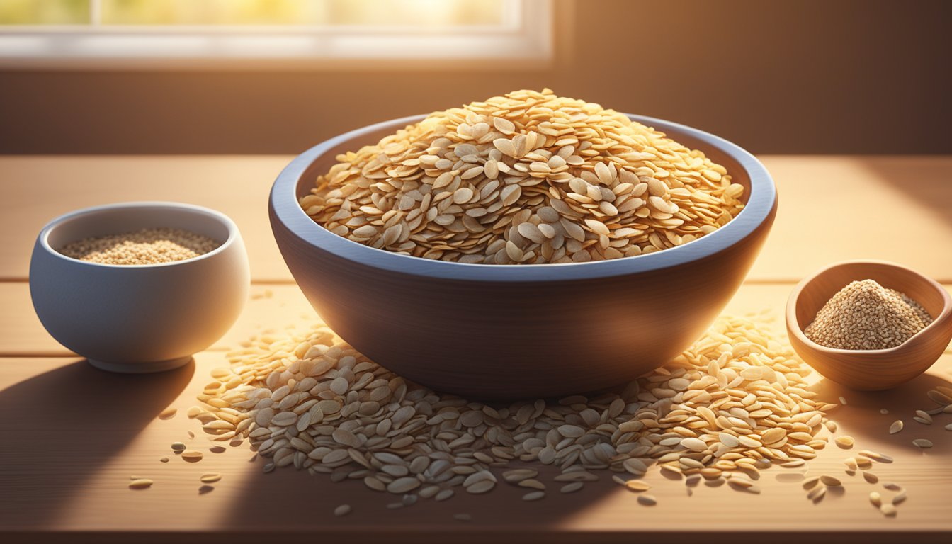 A bowl of multigrain chips sits on a wooden table, surrounded by various whole grains such as oats, quinoa, and flax seeds. Sunlight filters through a nearby window, casting a warm glow on the scene