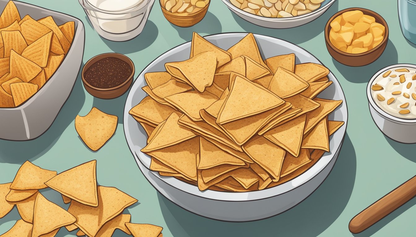 A bowl of multigrain chips sits on a kitchen counter, surrounded by various snack options. The chips appear fresh and crispy, with no signs of staleness or degradation