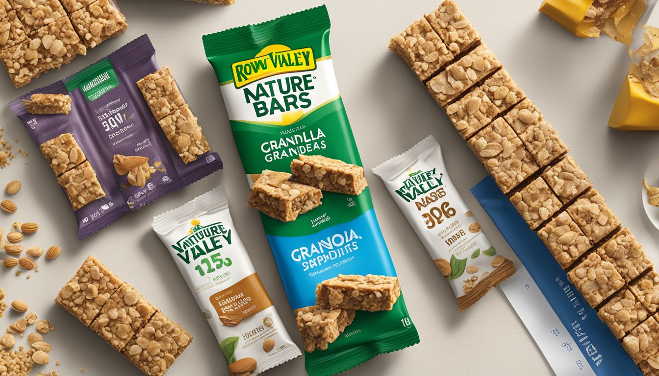 A row of Nature Valley granola bars sits on a kitchen counter next to a calendar. The bars are surrounded by various expiration date labels and a few of them are opened, showing the crumbly texture inside