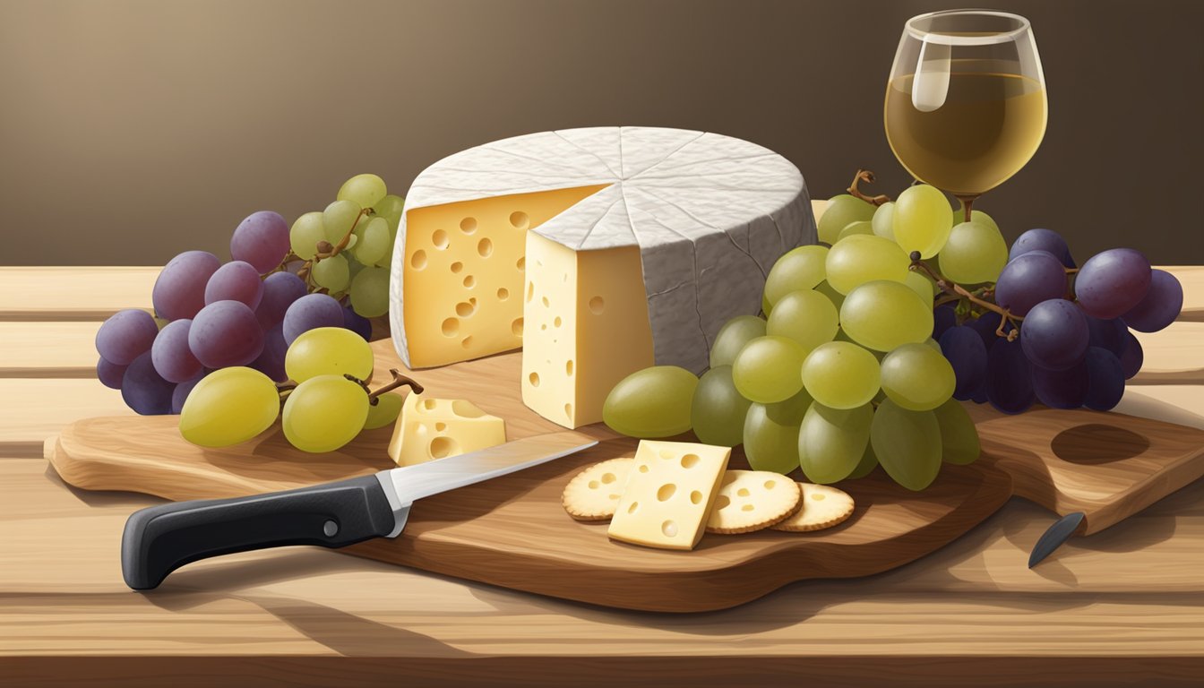 A wheel of Neufchâtel cheese sits on a wooden cutting board, surrounded by grapes, crackers, and a small knife