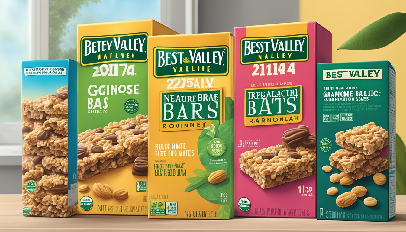 A pantry shelf with neatly arranged boxes of Nature Valley Granola Bars, alongside a calendar marking the date of purchase and a "best by" date sticker