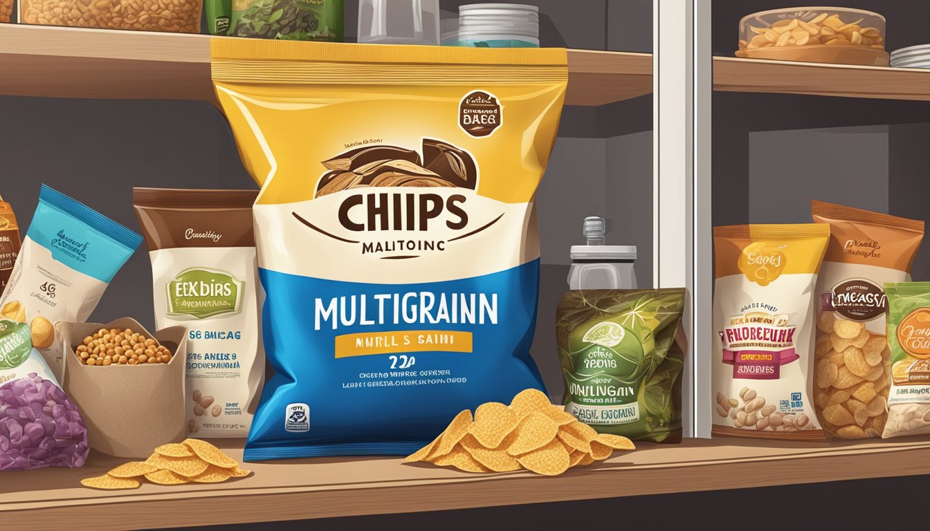 A bag of multigrain chips sits on a kitchen shelf, surrounded by various other snacks and pantry items. The expiration date is clearly visible on the packaging