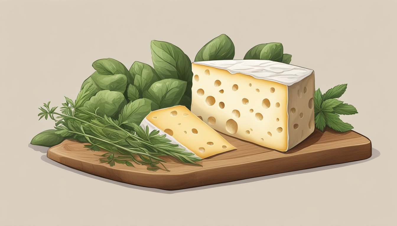 A block of Neufchâtel cheese sits on a wooden cutting board, surrounded by fresh herbs and a wedge of bread. The cheese is wrapped in wax paper and stored in a cool, dark pantry