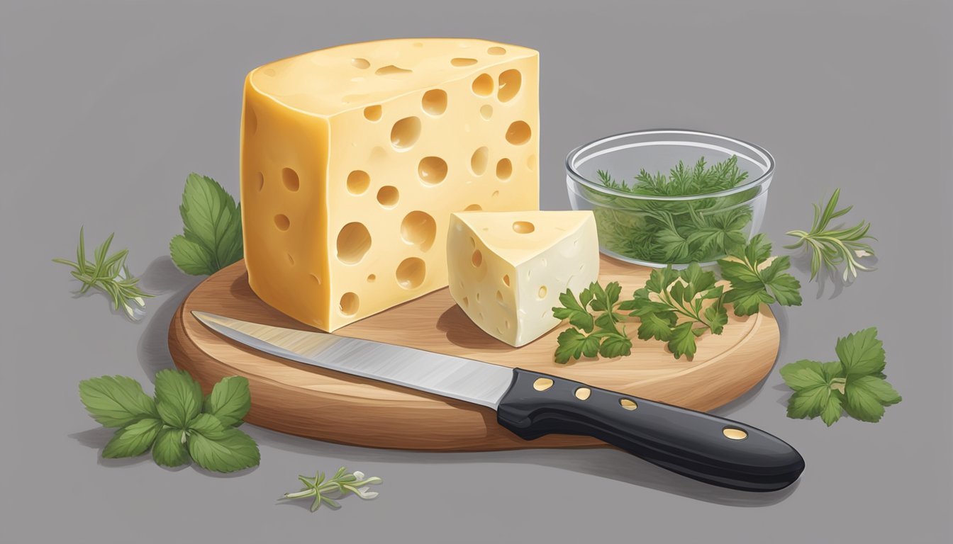 A block of Neufchâtel cheese sits on a wooden cutting board next to a knife and a container of plastic wrap. The cheese is surrounded by fresh herbs and a small dish of honey