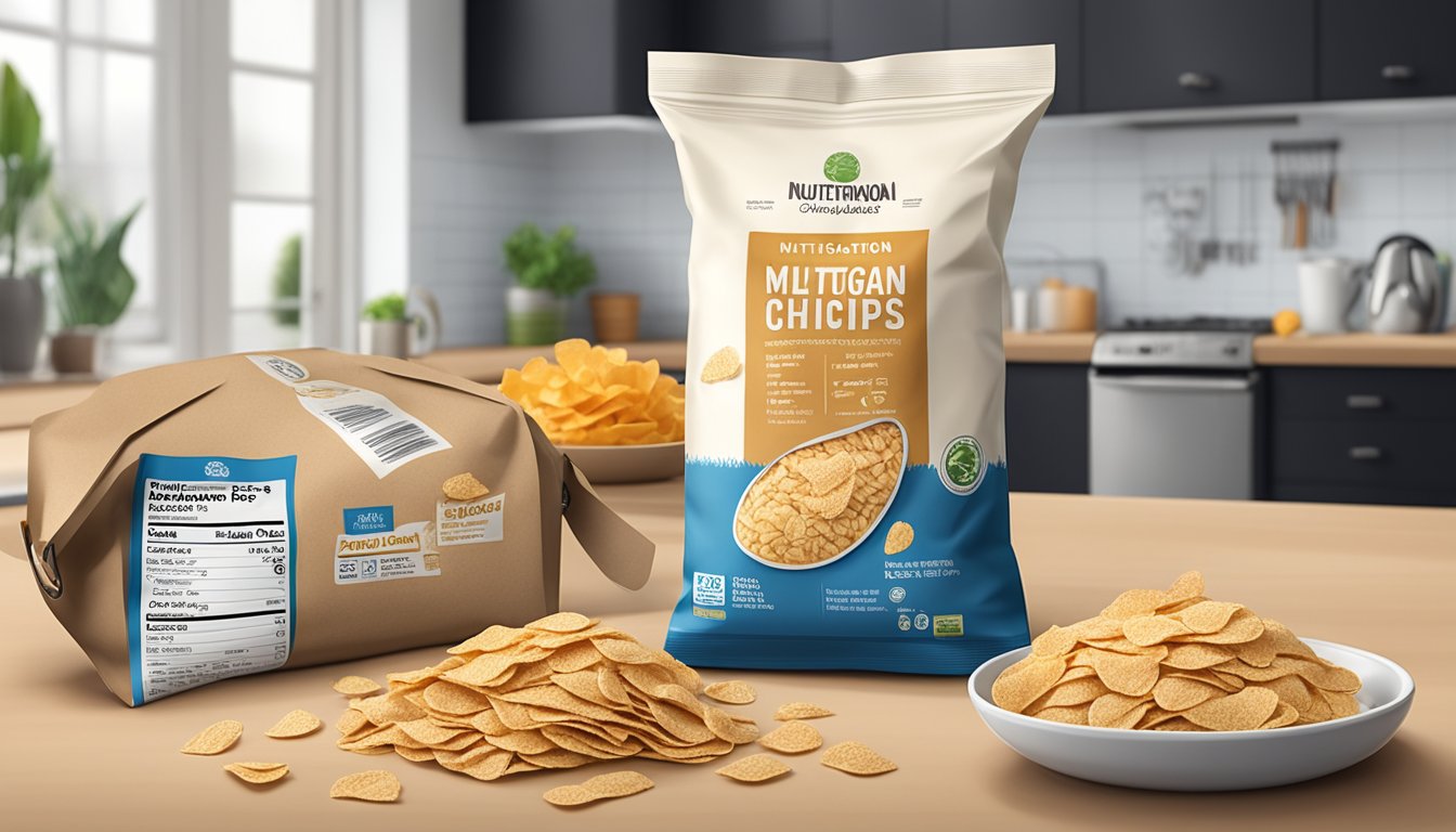 A bag of multigrain chips sits on a kitchen counter, surrounded by various expiration date labels and nutritional information