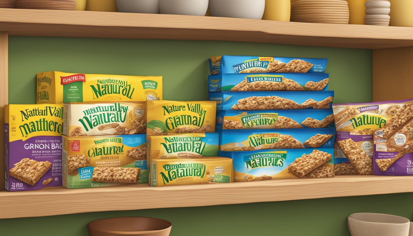 A kitchen pantry shelf with a box of Nature Valley Granola Bars, expiration date visible