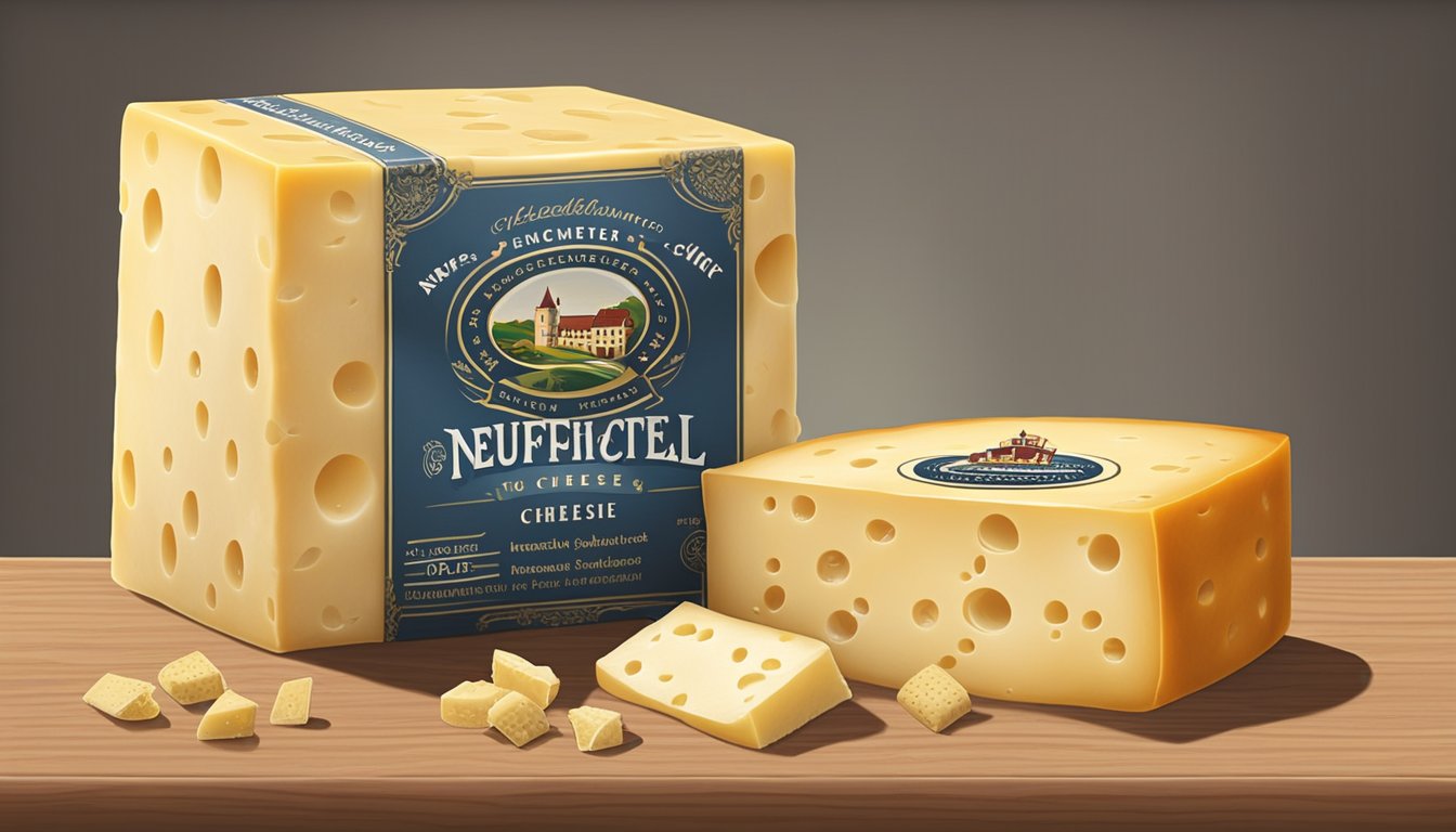 A block of Neufchâtel cheese sits on a wooden cutting board next to a knife and a few crackers. The cheese is partially unwrapped and shows signs of aging