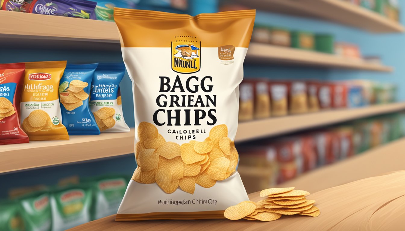 A bag of multigrain chips sits on a pantry shelf next to a resealable clip. The chips are still fresh and intact, with no signs of staleness or spoilage