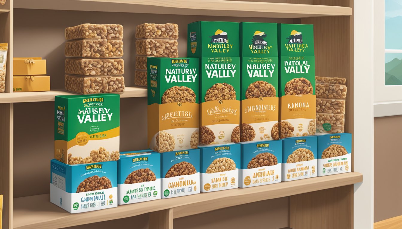 A pantry shelf filled with neatly arranged boxes of Nature Valley Granola Bars, with a calendar on the wall showing the current date