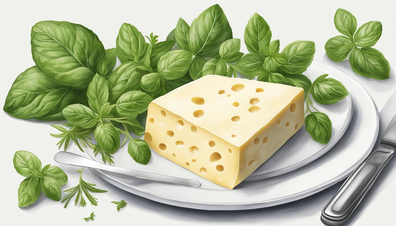 A block of Neufchâtel cheese sits on a clean, white porcelain plate, surrounded by a variety of fresh herbs and a small knife for cutting