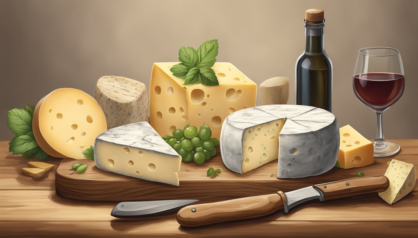 A wheel of Neufchâtel cheese sits on a rustic wooden board surrounded by a variety of aged cheeses, a vintage knife, and a piece of parchment paper